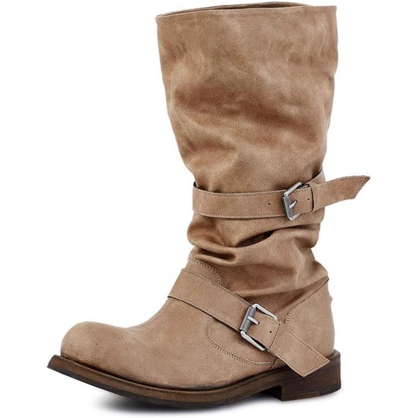 Buty Motocyklowe Damskie W Stylu Vintage Na Platformie Z Klamrą, Stylowe, Z Kwadratowym Noskiem, Na Grubym Wysokim Obcasie, Do PołOwy łYdki, Retro, Motocyklowe 40 Khaki-image