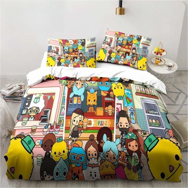 Nowy Zestaw PośCieli 3D Toca Life World Poszewka Na KołDrę Poszewka Na Poduszkę Rozmiar KróLewski KróLowej ChłOpcy DorośLi KreskóWkowy Design Gry 70X133Cm 2Pcs Brown-image