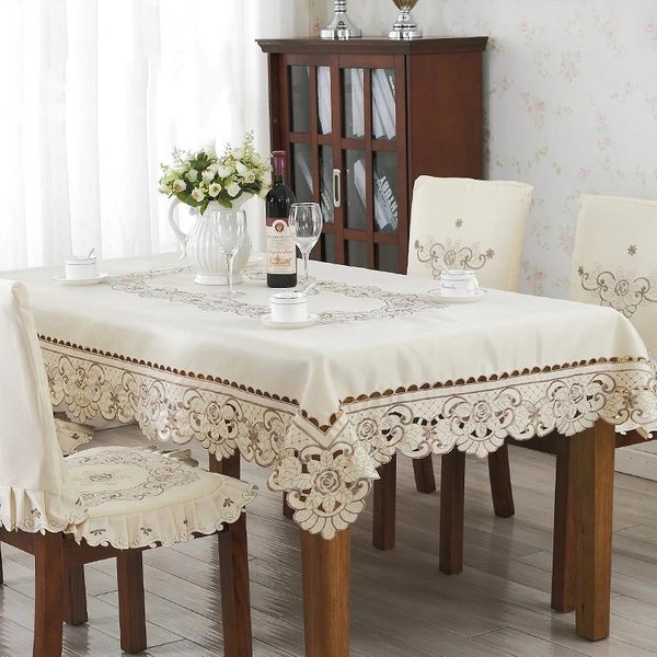 Mantel De SatéN Beige Estilo Pastoral Europeo, Rectangular, Para Mesa De Comedor, Bordado, Antipolvo 130X130Cm-image