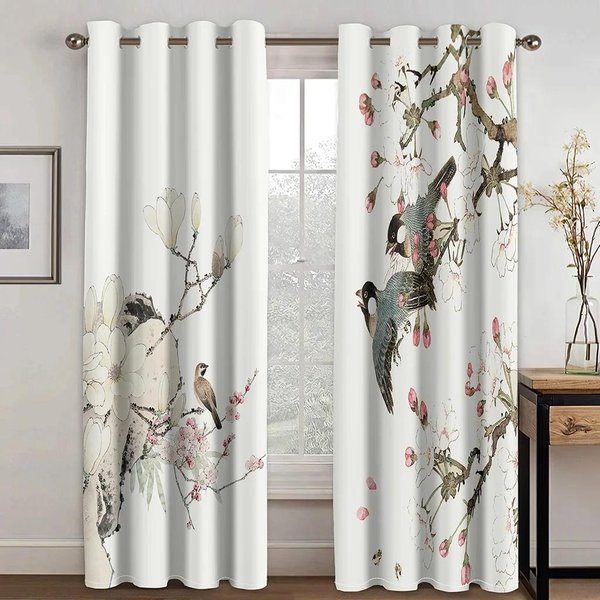Cortinas De Ventana De Flores Y PáJaros De Cultura Tradicional China Para Dormitorio De NiñOs, Sala De Estar, Tratamientos De SalóN, DecoracióN De Cocina, Persianas W60Xh100(Cm)X2Pcs&Hook White-image
