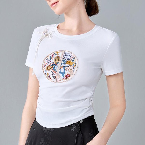 Camiseta De Manga Corta Estilo Chino Para Mujer, Nueva Ropa De Mujer, Cuello Redondo En El Hombro Delantero, Camiseta De AlgodóN Bordada, Top Corto Ajustado A La Cintura 3XL Blanco-image