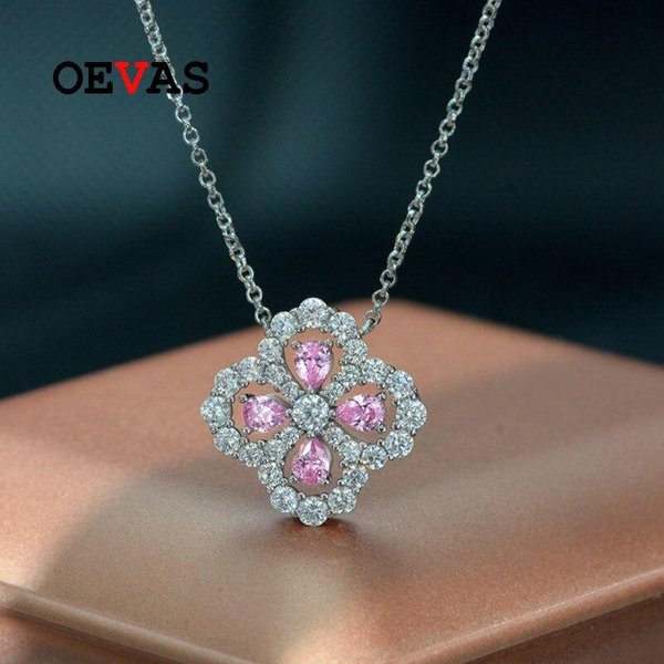 Collar Colgante De Plata De Ley 925 100% TréBol De Cuatro Hojas Rosa Diamante De Alto Carbono 43Cm Para Mujer JoyeríA Fina Brillante-image