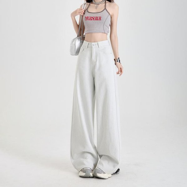Pantalones Anchos Adelgazantes Para Mujer En Primavera, Pantalones De Pierna Recta Para Mujer En Primavera, Estilo Transpirable De Primavera Y Verano 2XL White-image