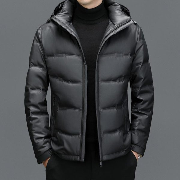 Chaqueta De Plumas Chaqueta De Cuero Genuino Chaqueta Casual Holgada Para Hombres De Mediana Edad Chaqueta De Plumas Gruesa Con Capucha Chaqueta CáLida 4XL Black-image