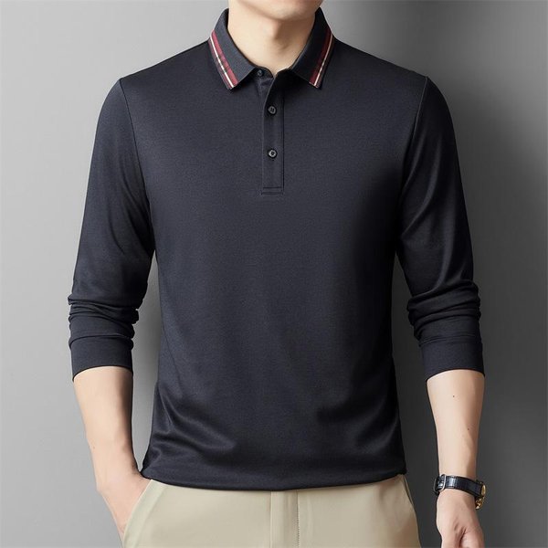 Camiseta De OtoñO Para Hombre Manga Larga Nueva Joven Y Mediana Edad Casual Color SóLido Cuello Polo Camiseta Transpirable Ropa De Hombre Moda Camiseta BáSica XL-image