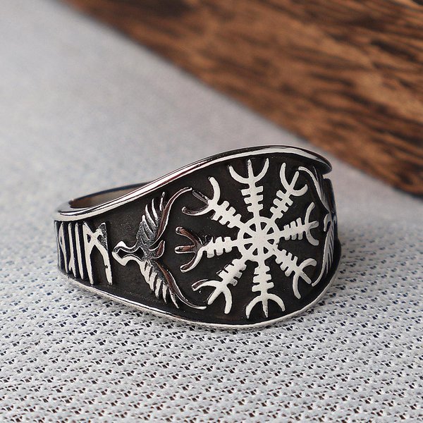 Anillos De BrúJula Vikinga Vegvisir Vintage Para Hombre Acero Inoxidable NóRdico OdíN Amuleto Cuervo Anillo RúNico JoyeríA Biker 12-image