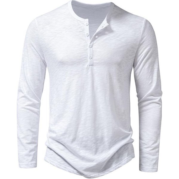 MęSka BawełNiana Koszulka Z Dekoltem Henley Zapinana Na Guziki, Z DłUgim RęKawem, Casualowa, Zapinana Na Guziki, W Jednolitym Kolorze, Modne T-Shirty L BiałY-image