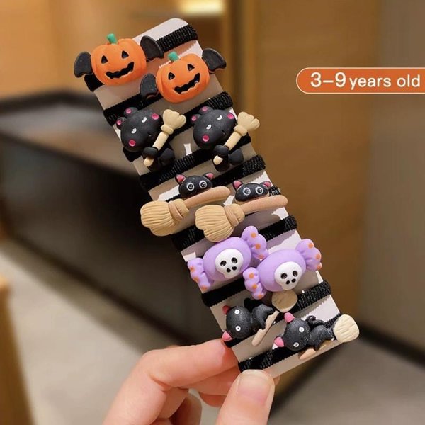 10 Piezas Anillo Para El Pelo De Halloween Para NiñAs - DiseñO Divertido De Calabaza Y Fantasma Y Gato MurciéLago Adecuado Para Regalos De Halloween Para NiñAs Black-image