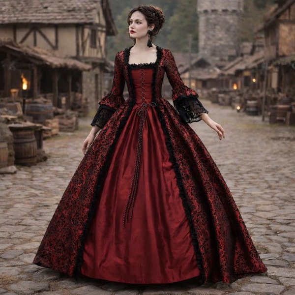 ŚRedniowieczna Gotycka Sukienka Maxi Dla Kobiet Renesansowa Koronkowa Z Kwadratowym Dekoltem I Rozkloszowanymi RęKawami Suknia Cosplay L Czerwony-image