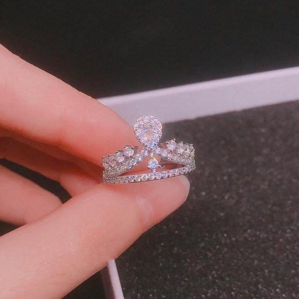 Plata 925 Vendiendo Nuevo Anillo De Corona Creativo Micro-Incustado Diamante Anillo De Compromiso JoyeríA De Fiesta CumpleañOs Para Mujer Regalo Resizable Blanco-image