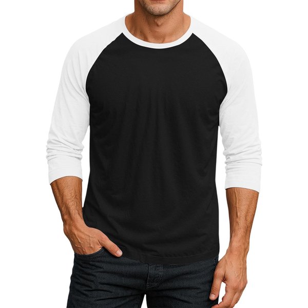 Camiseta De Manga Tres Cuartos RagláN Con Cuello Redondo Y Color En Contraste Para Hombre L Negro-image