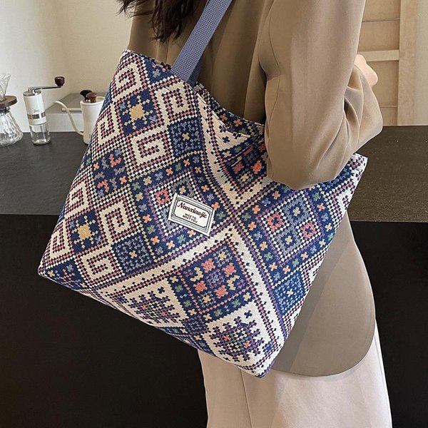 Bolso ÉTnico De Gran Capacidad Bolso De Lona Para Mujer Bolso De Hombro Para Mujer Estudiantes Universitarios VersáTil Bolso De Hombro Para Mujer Black-image
