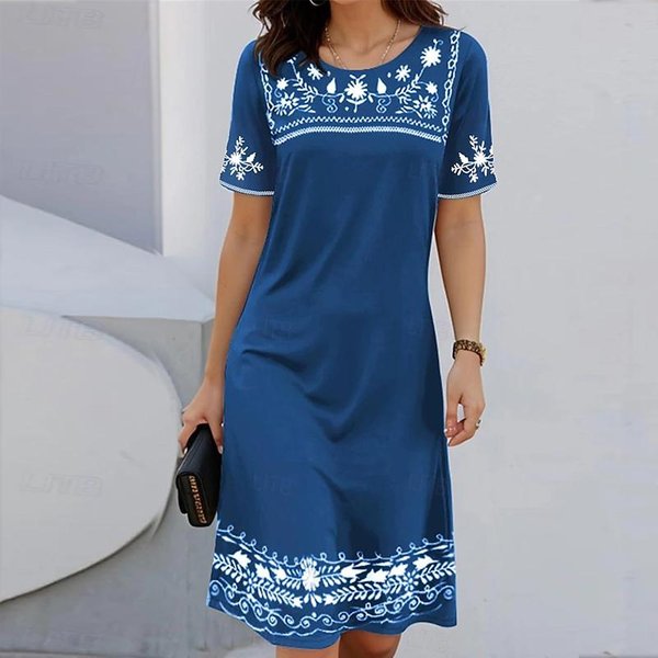 Modna Damska LuźNa Sukienka W Stylu Retro Z Nadrukiem, OkrąGłYm Dekoltem I KróTkim RęKawem, LuźNa, Uliczna, W KształCie Litery A 4XL-image