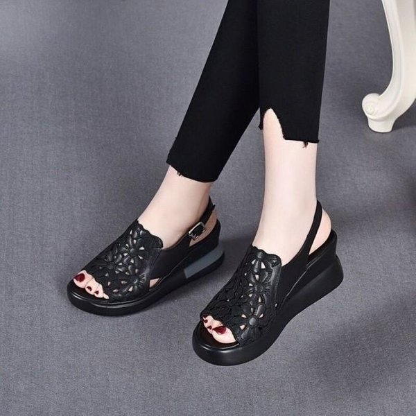 Zapatos De CuñA De Verano Para Mujer Sandalias Punta Abierta Plataforma Flores Huecas Retro Dama Correa De Hebilla TacóN Alto Sandalias Femeninas Casuales 35 Negro-image
