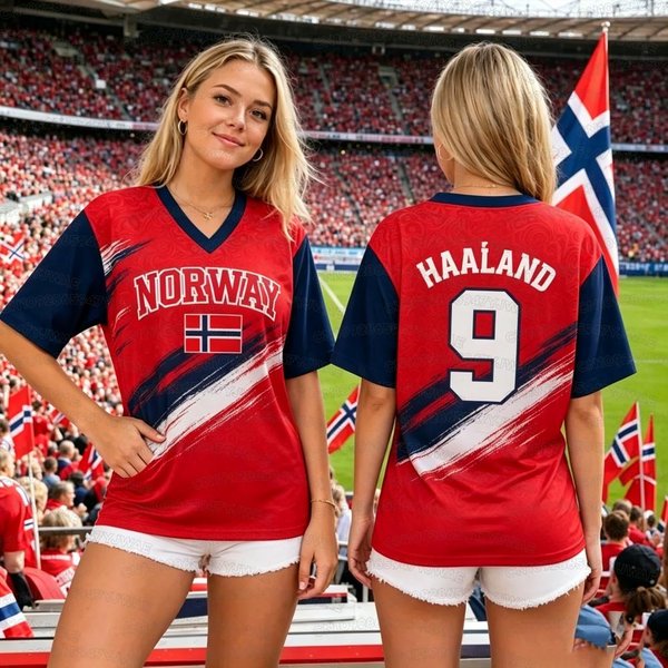 Verano 2026 Nueva Camiseta De FúTbol Para Mujer Y Hombre Bandera De Noruega N.º 9 Haaland Estampado Camiseta De Manga Corta XXS-image