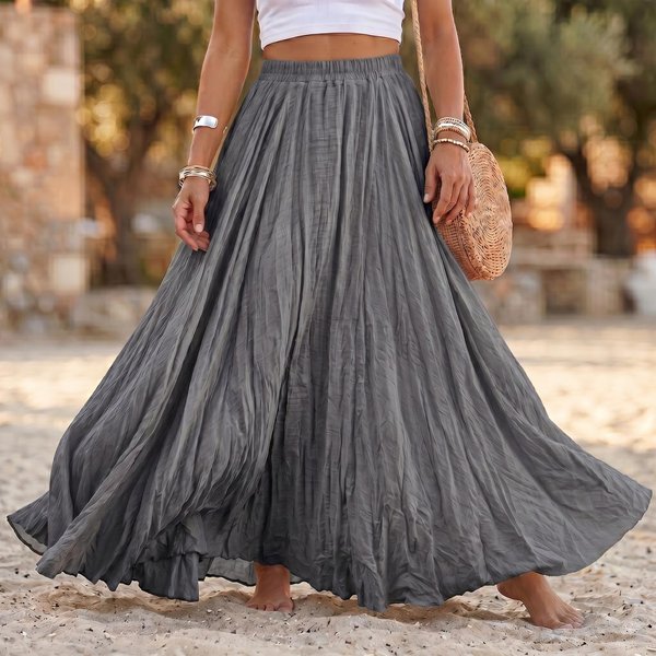 Falda Larga Suelta Plisada Para Mujer Cintura EláStica Mezcla De AlgodóN Y Lino Maxi Falda Dobladillo Acampanado Falda Casual Estilo Boho Para Uso Diario M Gray-image