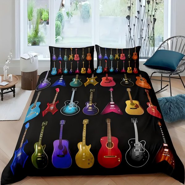 ŻYwy Wielokolorowy Instrument Gitarowy Drukowany W 3D Pokrowiec Na KołDrę Tekstylia Domowe Zestaw Poszwy Na KołDrę(1 Poszwa Na KołDrę+1/2 Poszewki Na Poduszki) EU Single(135X200Cm) Gray-image