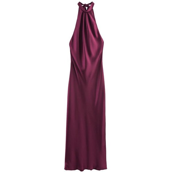 Vestido Largo De SatéN Sin Mangas Con Cuello Halter Para Mujer, Corte Acampanado, Cintura Media, Elegante Espalda Descubierta L Rojo Vino-image