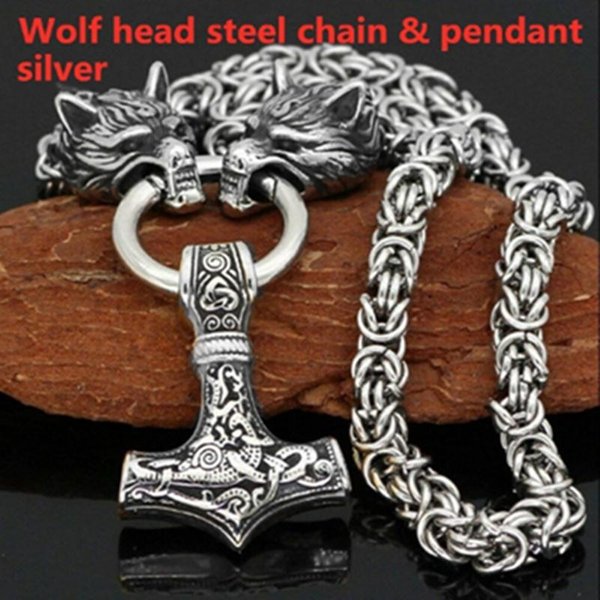 Nordic MęSka Stal Nierdzewna 316L Viking GłOwa Wilka Stalowy łAńCuch I MłOt Thora Mjolnir Naszyjnik Viking MęSka BiżUteria Amulet Prezent Srebro-image