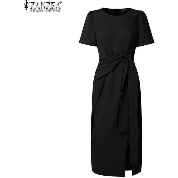 Zanzea Elegancka Damska Sukienka Midi Z KróTkim RęKawem, Paskiem W Talii I RozcięCiami, Casualowa, Biurowa 3XL Czarny-image