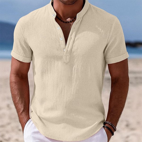 Camisa De Lino Y AlgodóN De Manga Corta Para Hombre Con Botones Casual Ligera Transpirable Top De Verano Con Cuello Mao Corte Relajado Xxxl Beige-image