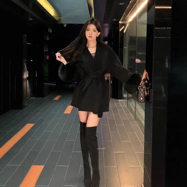 Abrigo De Lana Negro Para Mujer OtoñO E Invierno Cintura Abrigo De Lana Mediano Y Largo XL Black-image