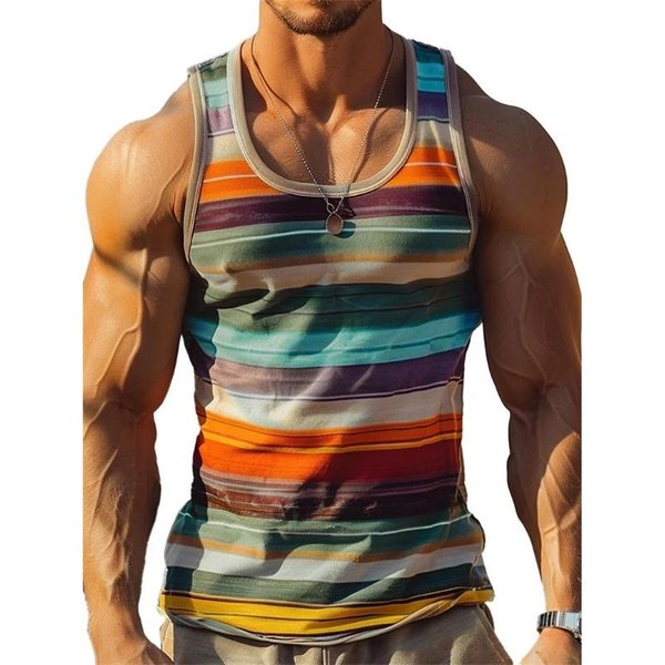 Letni T-Shirt Z OkrąGłYm Dekoltem, Kolorowym Nadrukiem Graficznym 3D W Stylu Retro W Paski, Modna, Codzienna Kamizelka Bez RęKawóW MęSka L-image