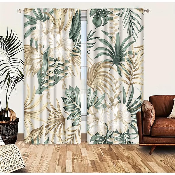 Cortinas Modernas Minimalistas Estilo Bosque Lluvia Estampado Hojas Verdes, 2 Paneles, Decorativas Para Sala De Estar, Dormitorio, BalcóN, Cocina W50X130H(Cm)X2Pcs&Rod Pocket-image