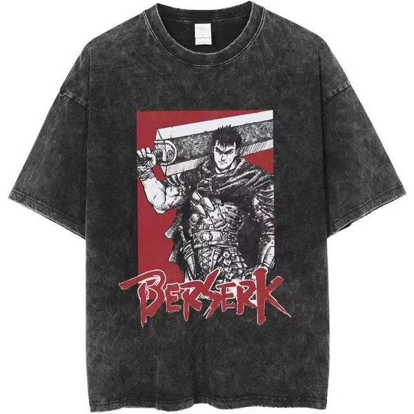 Camiseta Berserk AlgodóN Lavado Vintage Anime JapóN Oversize Unisex Ropa De Calle Harajuku Manga Corta Hombre Mujer Tops Camiseta XL Black-image