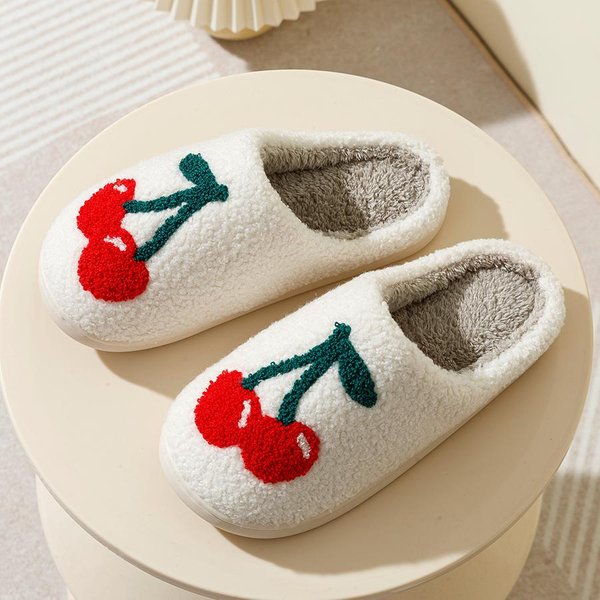 Zapatillas De Felpa SúPer Lindas De Cerezas Para Mujer, Zapatos CóModos Para El Hogar, Chanclas Planas Sin Cierre, Plataformas, Zapatillas De Invierno 37-38 Beige-image