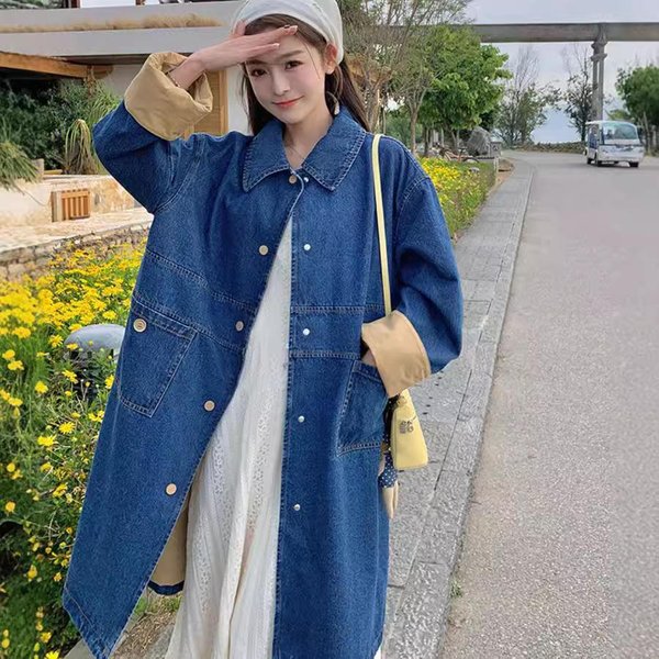 KoreańSka Casualowa Kurtka DżInsowa WiatróWka Dla Kobiet Wiosna I Jesień Nowy LuźNy PłAszcz śRedniej DłUgośCi XL Blue-image