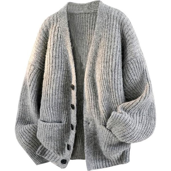 Chaqueta SuéTer De OtoñO Para Hombre De Corte Relajado: CáRdigan Informal De Punto De Color SóLido L Gris Claro-image