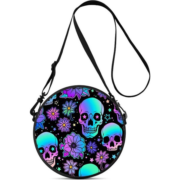 Bolso Redondo Hombro Calavera Rosa Bolso Mensajero Casual Para Mujer Mejores Regalos Bolso Cruzado De Dibujos Animados Planos 2D Black-image