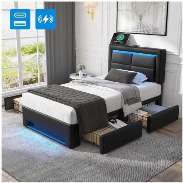 Cama Acolchada - Muvoe - 90X190 Cm - Usb - IluminacióN Led - 4 Cajones - Negro-image