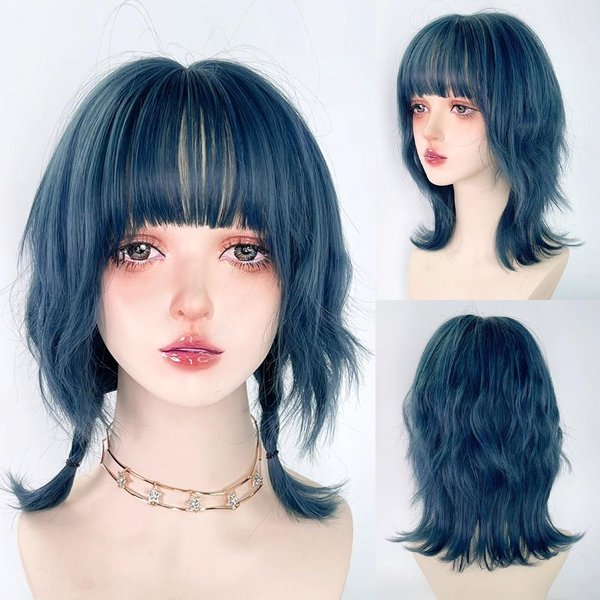 Niebieska Syntetyczna Peruka Mullet Z Grzywką KróTka Prosta Lolita Anime Cosplay Puszyste WłOsy Peruka Na Co Dzień Imprezę-image