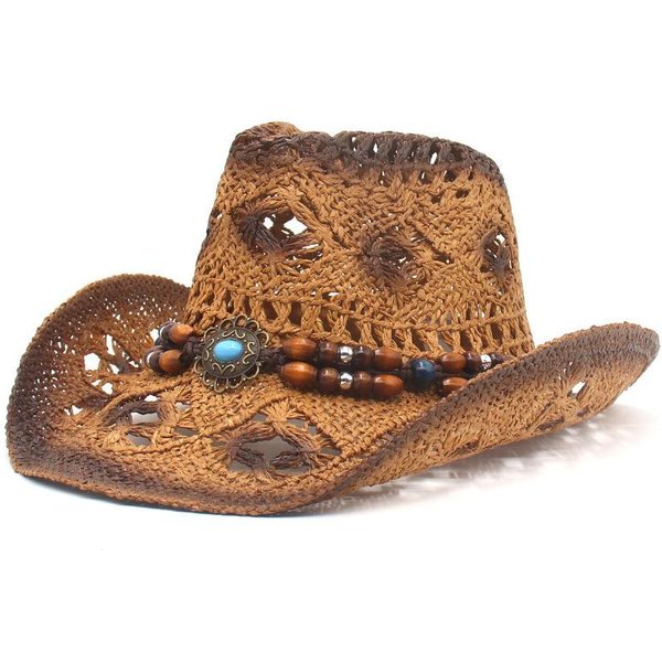 Sombrero De Vaquero Occidental Estilo éTnico De Playa Para Exteriores, Sombrero De Paja Con ProteccióN Solar, Sombrero De Jazz 56-58Cm MarróN-image