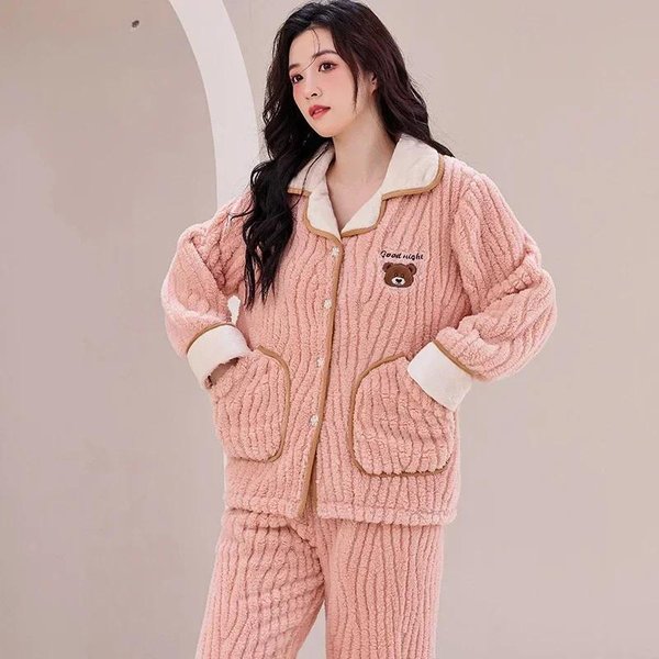 Conjuntos De Pijama De Franela Gruesa CáLida De Manga Larga Para Mujer Traje De Dormir De Terciopelo Coral Pijamas Ropa De Casa Ropa De Lujo L Brown-image