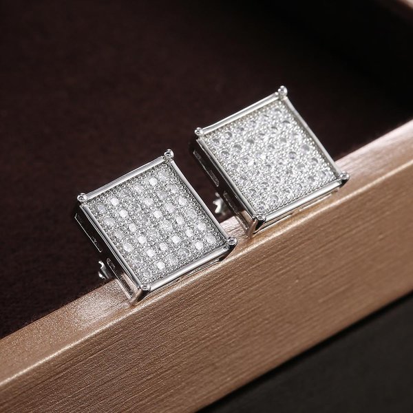 Huitan Pendientes De Tuerca Para Mujer Con Forma Cuadrada Simple Y Elegante, Micro Pavé De Piedra Cz, Pendiente VersáTil, Totalmente Brillante, JoyeríA Moderna Iced Out-image