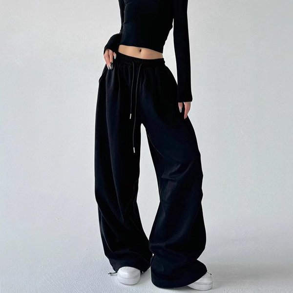 Harajuku Szerokie Spodnie Dresowe Damskie Streetwear LuźNe Oversize Szare Spodnie Sportowe Wysoki Stan Sznurek Codzienne Joggersy Spodnie XXL Czarny-image