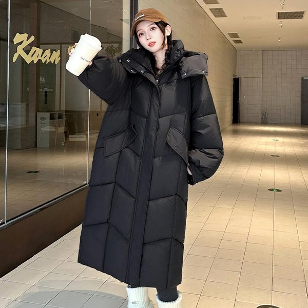 Pogrubiona DłUga PłAszcz Puchowy Za Kolano Dla Kobiet, Nowy KoreańSki Styl LuźNy Zimowy PłAszcz Chlebek, Kurtka Pikowana BawełNą XXL Black-image