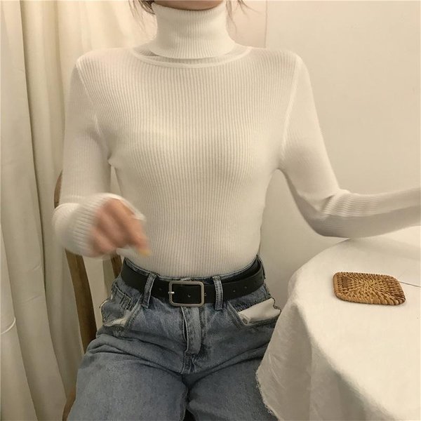 Golf Jednolity Kolor Sweter Bazowy Jesienno-Zimowy Sweter Z DłUgim RęKawem Studencki W Stylu KoreańSkim Sweter Damski Pulower Top Dla Kobiet One Size-image