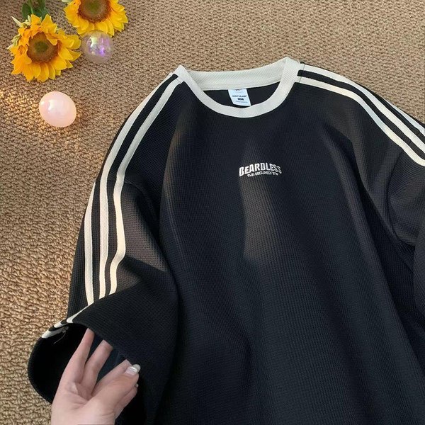 Camiseta De Manga Corta Waffle Para Hombre Verano 2023: Top De Pareja Moderno, Casual, De Corte Holgado L Negro-image