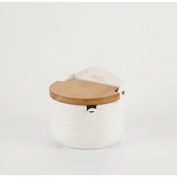 Juego De Tarros De Especias De CeráMica Tapa De Madera Bandeja De Bambú Tarro Para Condimentos Con Cucharas Contenedor De Almacenamiento Para AzúCar Sal Especias De Cocina Tarro Para Condimentos-image
