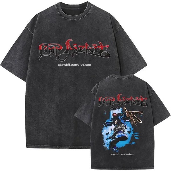 Camiseta Vintage Lavada Banda De Rock Limp Bizkit Para Mujer Casual Oversized Manga Corta Camisetas Masculinas CláSicas Harajuku Streetwear S Black-image