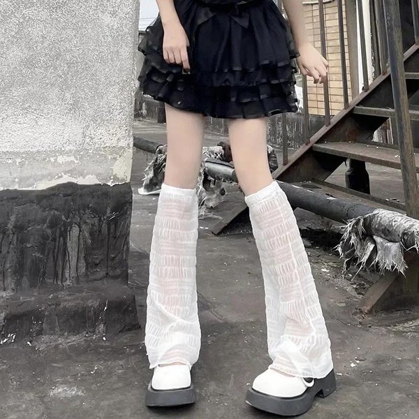 Calentadores De Piernas Estilo Y2K Jk JaponéS Calcetines De Malla Con Encaje Medias Mujeres Lolita NiñAs Kawaii Lindos Calcetines Hasta La Rodilla Calentador De Piernas ProteccióN Solar One Size Gray-image