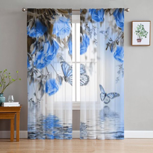 RóżE I Motyl Kwiatowy Kwiatowy Niebieski Tiul Przezroczyste ZasłOny Do Dekoracji Salonu Sypialni Kuchni Woal Organza ZasłOny 135W X 137H(Cm)-image