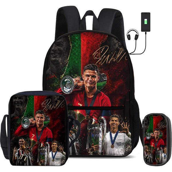 Ronaldo Juego De 3 Piezas Mochilas Escolares Mochila Con Interfaz USB CR Estrella De FúTbol Bolso De Hombro Deporte De FúTbol Estuche Para LáPices Mochila Para NiñOs Black-image