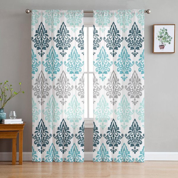 Damaskowe Barokowe Gradientowe Akwamarynowe PrześWitująCe ZasłOny Do Dekoracji Salonu, ZasłOny Okienne Do Kuchni, Tiulowe Woalowe Organzowe ZasłOny W135 X H115Cm X1 White-image
