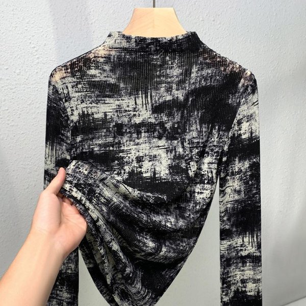Camiseta Base De Malla De Manga Larga Y Cuello Medio Alto Para Mujer Nueva Moda OtoñO Fina Camiseta Tie-Dye Que Reduce La Edad 3XL Negro-image