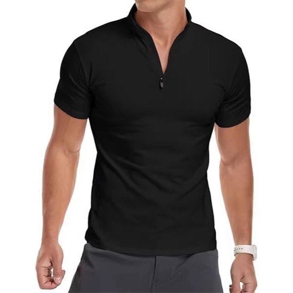 Camisa Polo De Manga Corta Para Hombre Con Cuello De Cremallera Casual Ajuste Delgado Tejido Ligero Suave EláStico Top Xxxl Negro-image